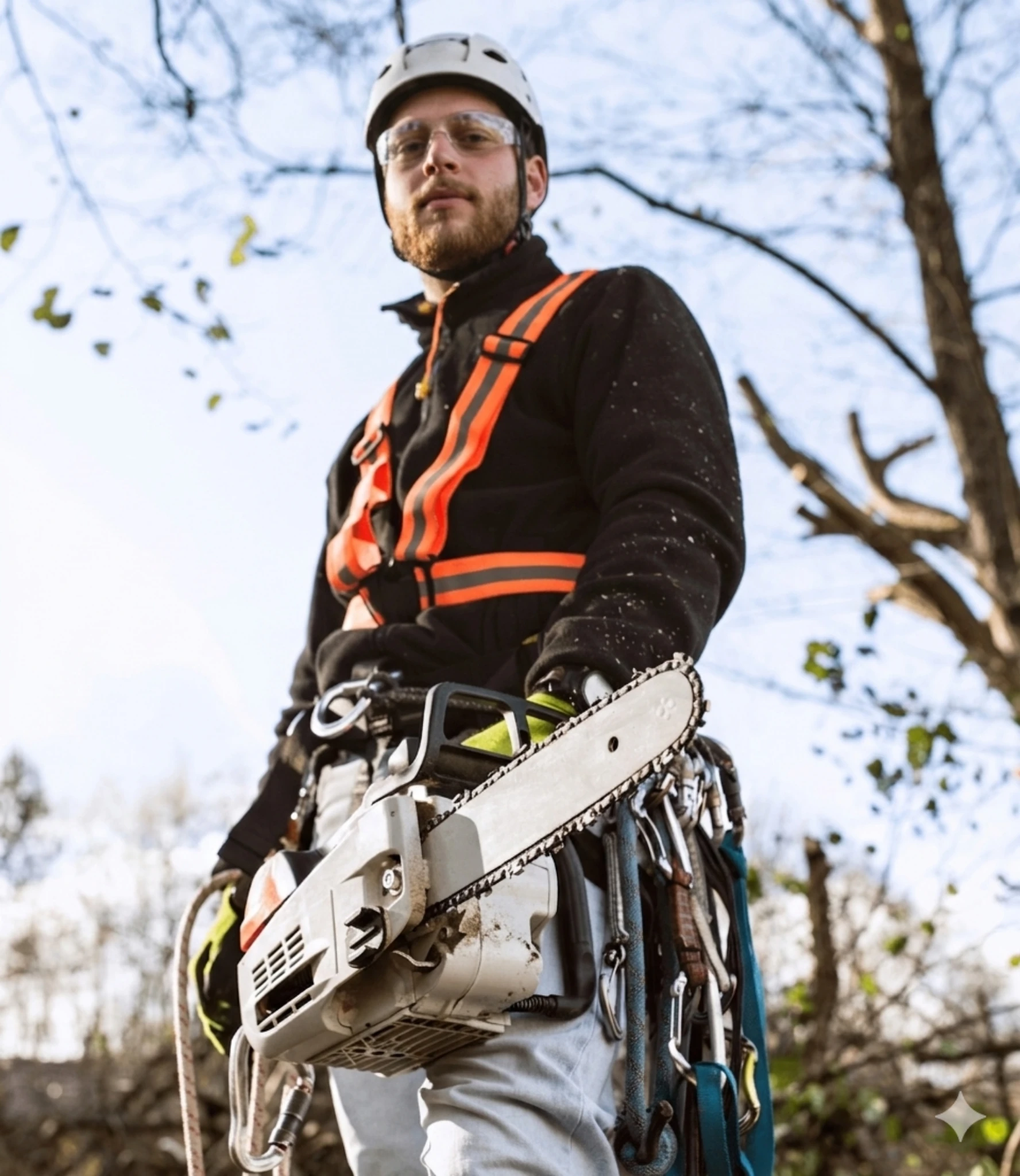 portrait elagueur marseille en tenue de chantier et tronçonneuse à la main