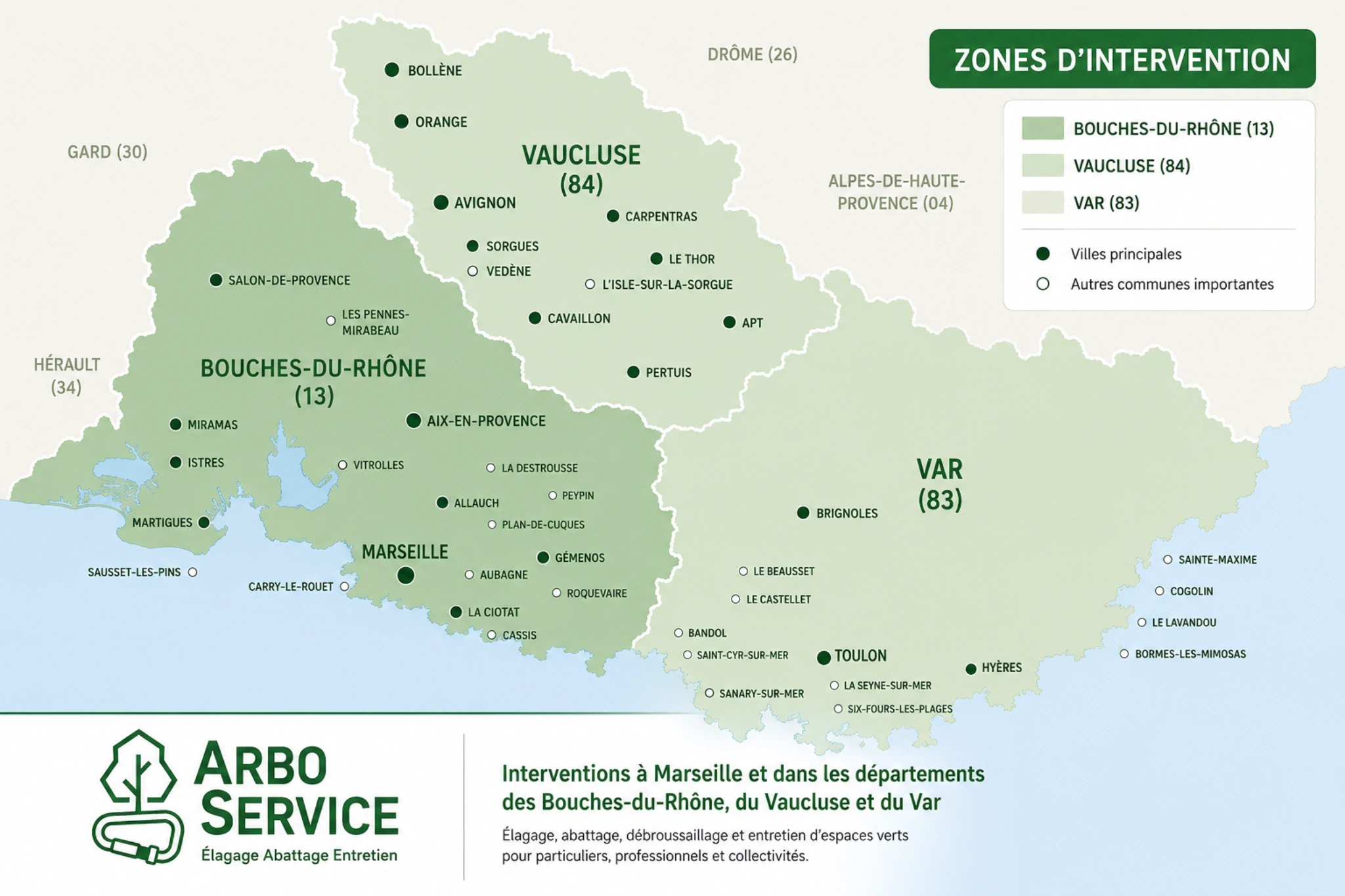 carte des zones d'intervention de l'entreprise d'élagage ARBO SERVICE à marseille bouches-du-rhône vaucluse et var